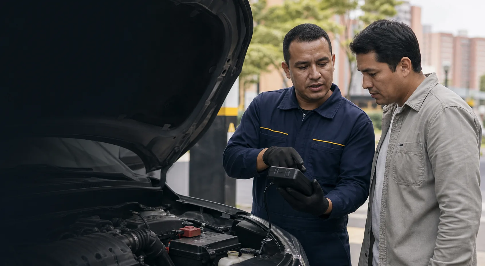 Especialista explicando el diagnóstico de una batería a un conductor