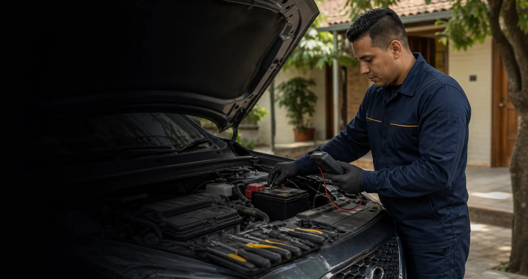 Técnico realizando el diagnóstico de la batería de un vehículo